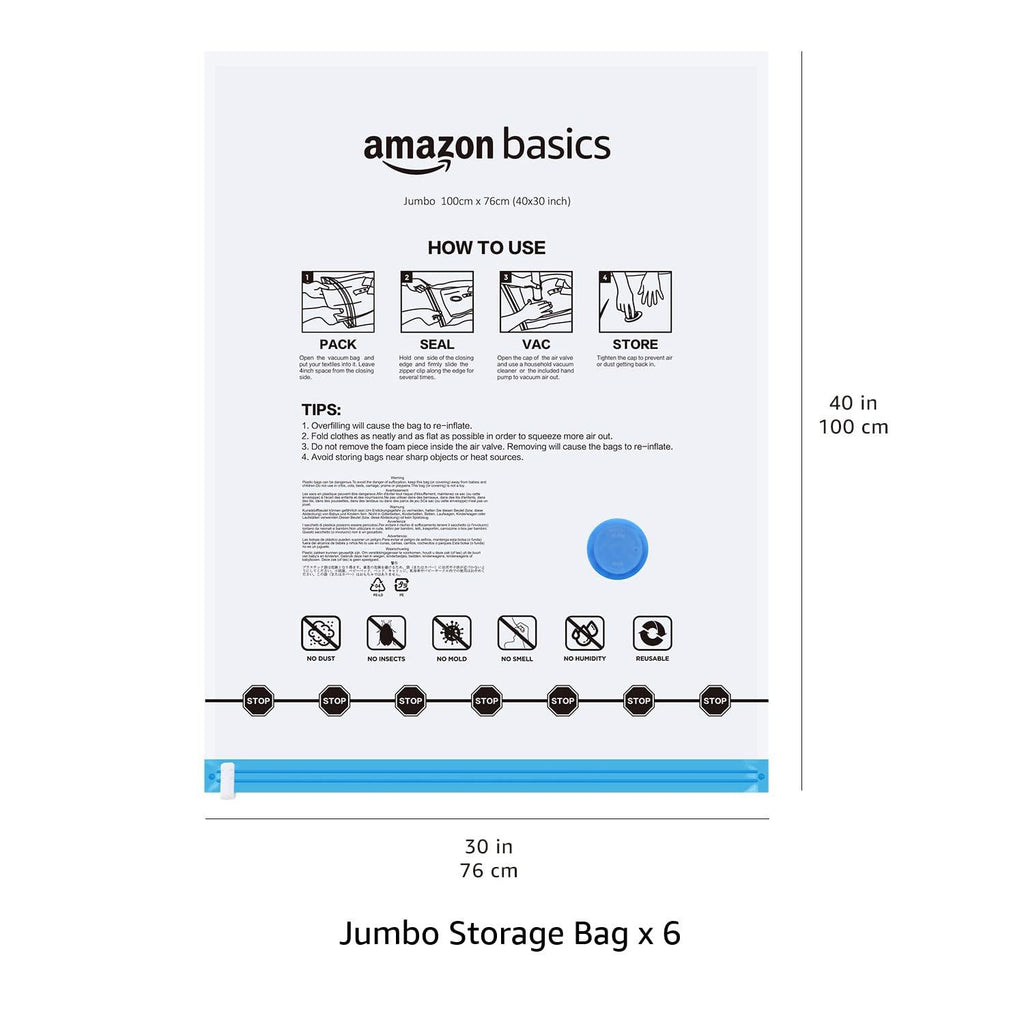 Amazon Basics Vacuum Storage Bags with Hand Pump, Jumbo, 6-Pack, Clear