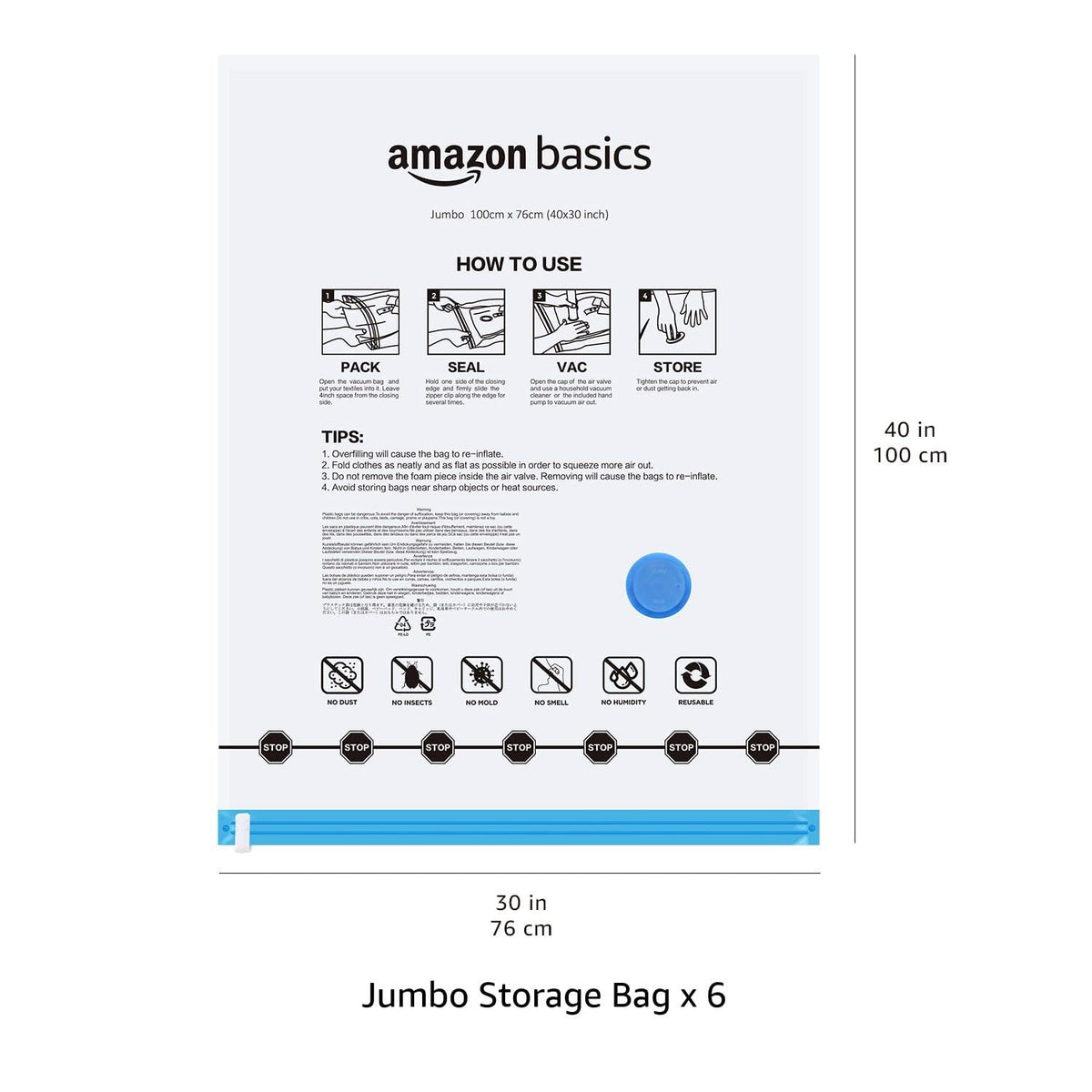 Amazon Basics Vacuum Storage Bags with Hand Pump, Jumbo, 6-Pack, Clear