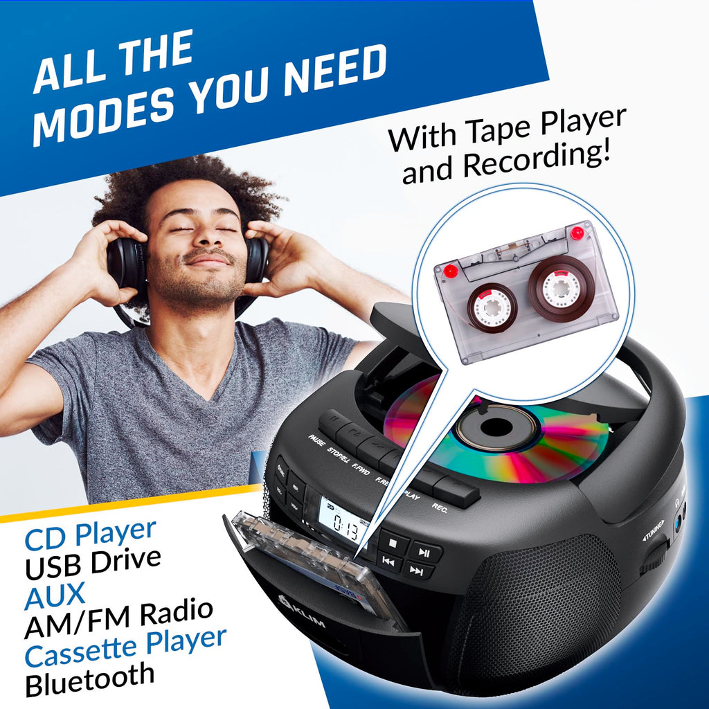 CD Cassette Player with Case, Bluetooth Boombox, AM FM Radio, USB Drive | 3W Stereo Speakers, Song Programming Included, Remote Operates Up to 6 Metres Away - Black