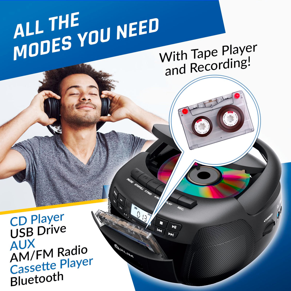 CD Cassette Player with Case, Bluetooth Boombox, AM FM Radio, USB Drive | 3W Stereo Speakers, Song Programming Included, Remote Operates Up to 6 Metres Away - Black