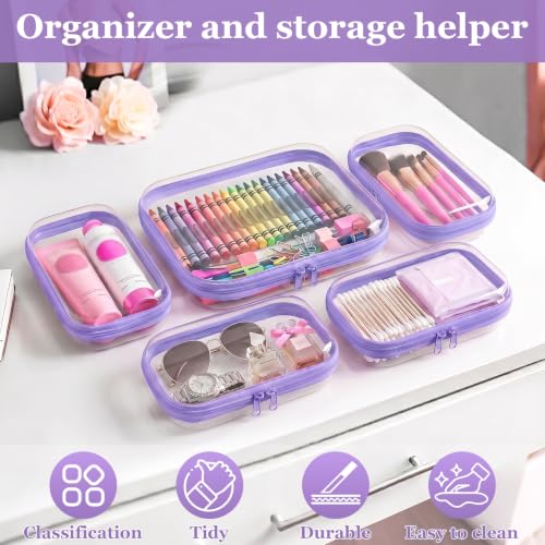 CarryEpic Clear Hard Shell Zipper Cases (5 Packs), Plastic Hard Sided Zippers Pouches Clear Hardshell Pencil Case For Storage, Diaper Bag Organizer Bliss Bins 4*Small/1*Medium, Purple