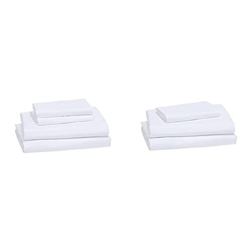Amazon Basics Lightweight Super Soft Breathable Wrinkle-Resistant Microfiber 4-Piece Bed Sheet Set with 14-Inch Deep Pockets, Queen, Bright White, Solid