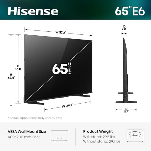 Hisense 65" Class E6SR Series Hi-QLED 4K UHD Smart Roku TV (65E6SR, 2026 Model) - Dolby Vision, Game Mode Plus, VRR, ALLM, DTS Virtual:X, Apple AirPlay, Compatible with Alexa and Google Assistant
