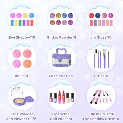 56 Pcs Kids Makeup Set for Girls, Washable Real Cosmetic Toddler Makeup Kit | 2026 New CPF Sustainable Materials, Safety & Non-Toxic, Frozen Toy Birthday Gift for 3 4 5 6 7 8 9 10 11 12 Year Old (Purple)