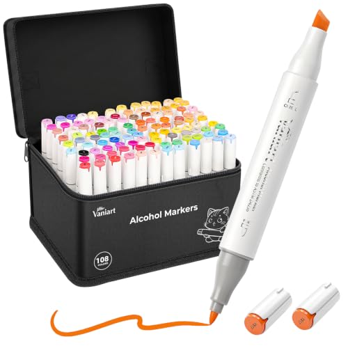 Vaniart Professional Alcohol Markers, 108 Colors Fine & Chisel Sketch Pens | Permanent Ink & Dual Tip for Adult Coloring Book, Drawing, Cards, Journaling, Planner – Art Supplies Gift for Kids Girl Boy