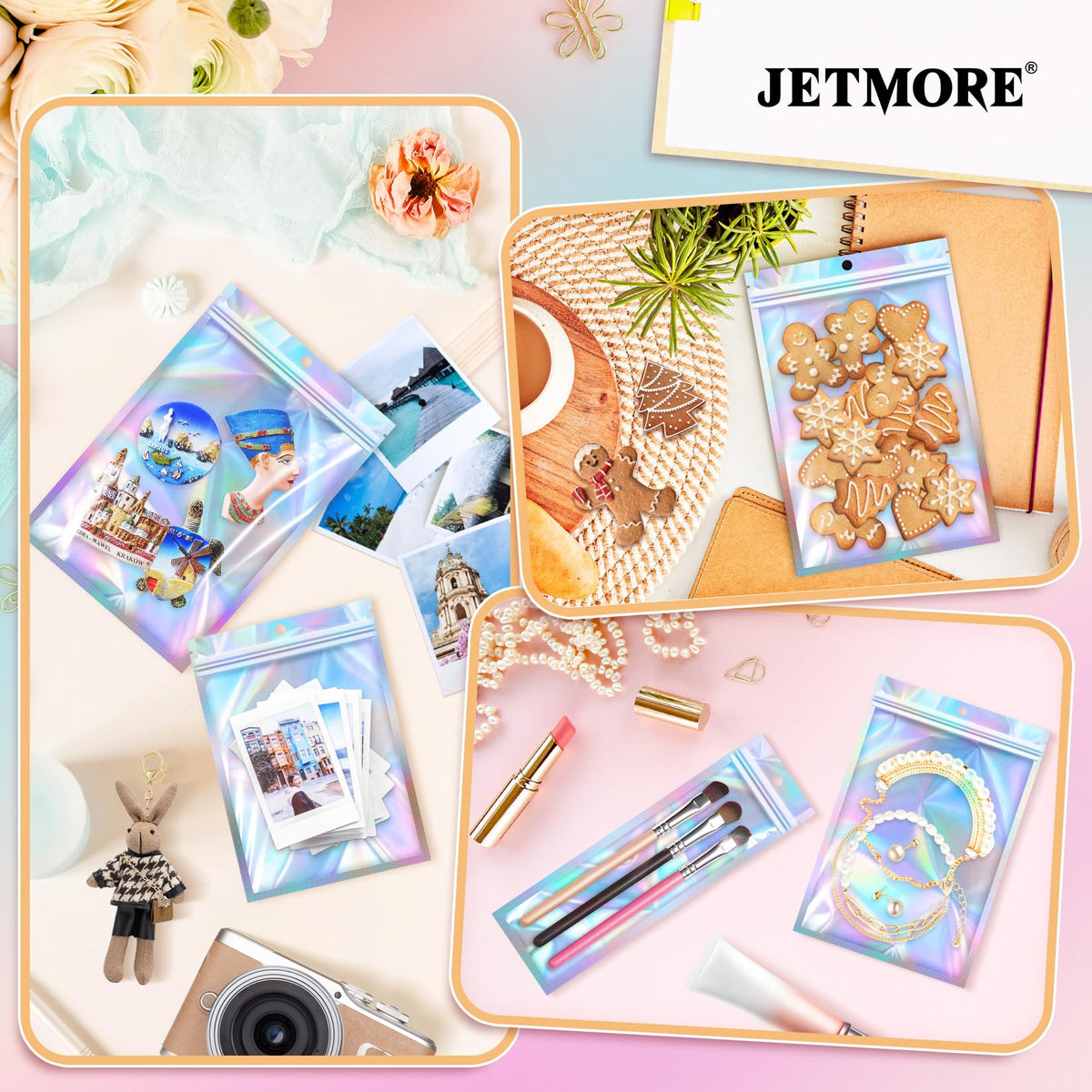 JETMORE Holographic Bags 50 PCS Mylar Bags 6x9" Resealable Embroidery Bags | Smell proof bag for goodie party favor jewelry freshie supplies candy cross stitch floss beads packaging sealable bags