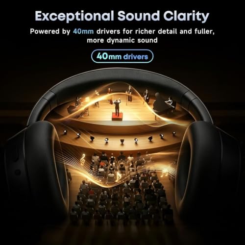 Hybrid Active Noise Cancelling Bluetooth Headphones Wireless Headphones | Over Ear, 120H Playtime, Hi-Res Audio, Deep Bass, Memory Foam Ear Cups for Home Office Travel Black
