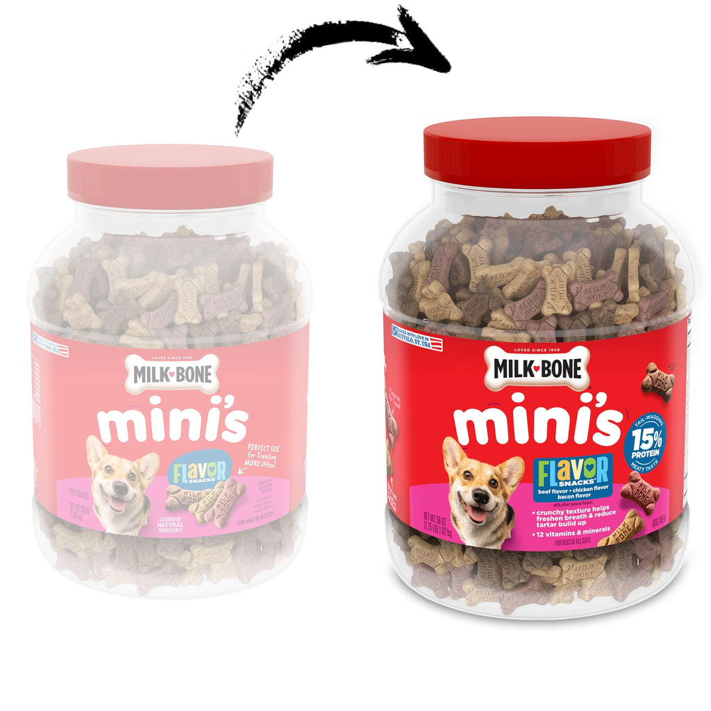 Milk-Bone Flavor Snacks Mini’s Dog Treats, 36 Oz. | 5 calories per treat, 15% protein, 3 flavors per canister (beef, chicken & bacon, naturally & artificially flavored)