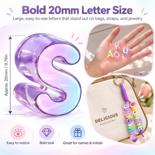 76Pcs Bubble Letter Beads, 20mm Large Hole Beads for Keychains | Each A-Z character appears twice or more, with extra vowels and common characters for names, bag charms and backpacks.