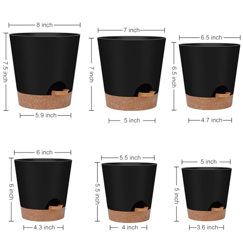 YNNICO 8,7, 6.5, 6, 5.5, 5 Inches Self Watering Planters for Indoor Plants | Black,Drainage Holes and Saucers,Modern Lightweight Plastic Plant Pots for Indoor/Outdoor.