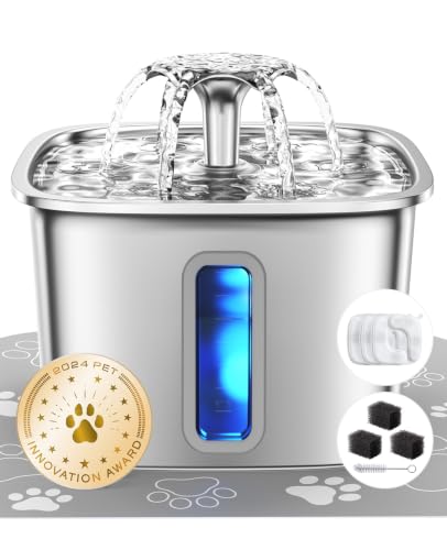 Veken Innovation Award Winner Stainless Steel Cat Water Fountain, 108oz, C1 | Automatic Pet Fountain Dog Water Dispenser with 3 Replacement Filters & Silicone Mat, Gifts for Cats, Dogs (Silver)
