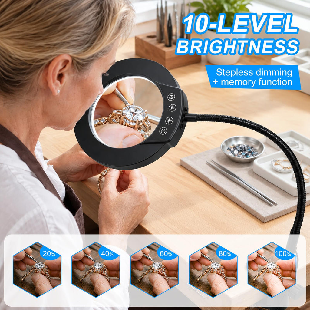 LED Desk Magnifying Lamp with Clamp,10X Magnifying Glass with Light | 5 Color Modes Stepless Dimmable Magnifier Light 3000K-6500K, 5V/2A USB Powered Hands Free Flexible Goose-Neck