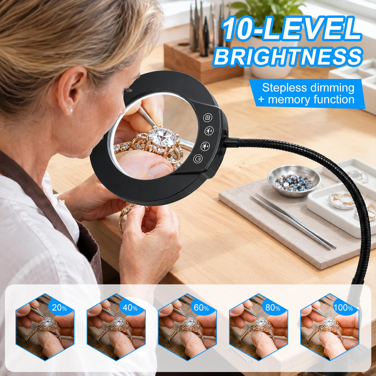 LED Desk Magnifying Lamp with Clamp,10X Magnifying Glass with Light | 5 Color Modes Stepless Dimmable Magnifier Light 3000K-6500K, 5V/2A USB Powered Hands Free Flexible Goose-Neck