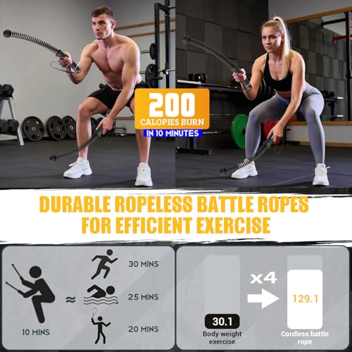 Ropeless Battle Rope for Home Gym, Heavy Duty Portable with Poster | Cordless Battle Ropes with Non-Slip Handle for Wrist Protection, Battle Ropes for HIIT and Low-Impact Aerobic Training