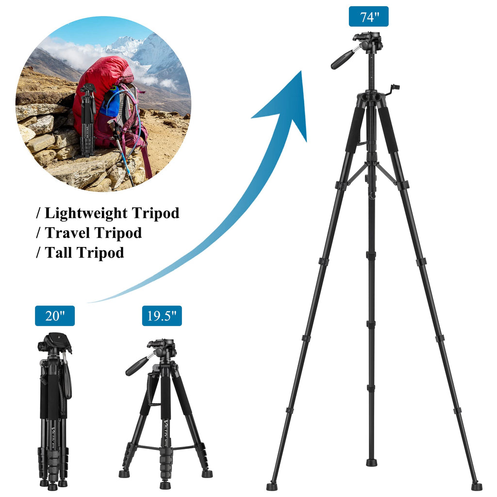 VICTIV 74” Camera Tripod, Tripod for Camera and Phone with Phone Holder | Aluminum Professional Tripod Stand for Canon Nikon with Carry Bag, Compatible with DSLR, iPhone, Spotting Scopes, Gopro