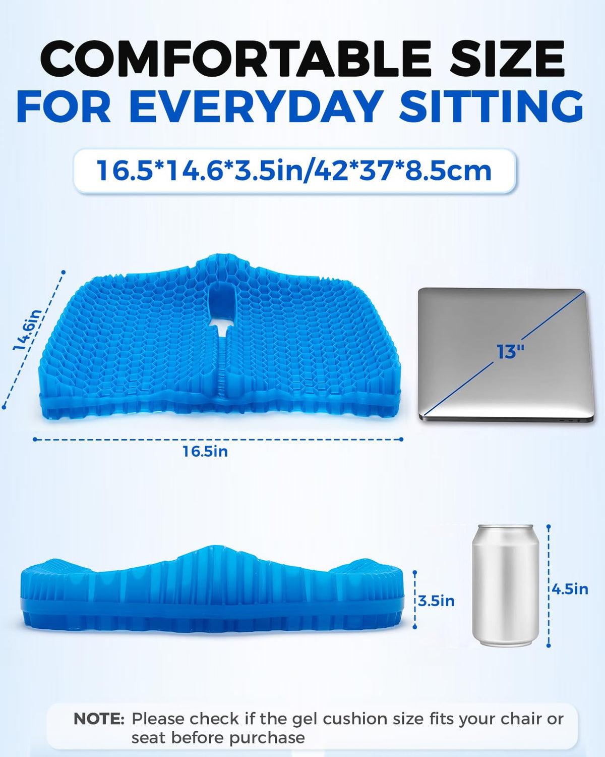 Zacro 3.5in Thick Gel Seat Cushion, Honeycomb Pad for Office Chair, Car | Cooling Gel Seat Cushion for Long Sitting, Ergonomic Hollow Center, Machine-Washable Cover, 16.5x14.6in