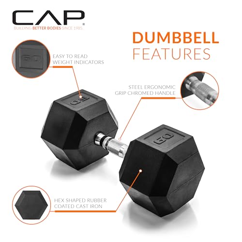 CAP Rubber Coated Dumbbell Weights, Free Weights for Home Gym Strength Training, Anti-Roll Hex Dumbbells with Black, Chrome & Comfort Grip Handles, Singles