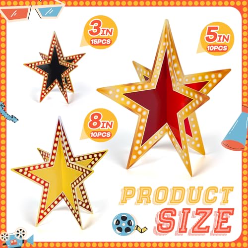 Sinload 45 Piece 3D Glitter Star Centerpieces Red Black Gold Party Decor | 300 Gsm Cardstock with 15 Pieces Per Size in 8" 5" 3" Formats for Standing Hanging Back to School Movie Night Awards Decor