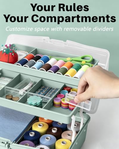 TERGOO 13in Lager Plastic Craft Organizer and Storage 3-Layer Tackle Box | Portable Tackle Box with Handle & Adjustable Dividers, Multipurpose Organizer Box for Sewing, Art Supply, Tool(Haze Green)