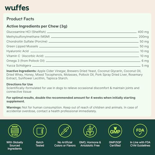 Wuffes Advanced Hip & Joint Chews for Small & Medium Breed Dogs, Vet Recommended, Glucosamine, Chondroitin, MSM, Green-Lipped Mussel & Hyaluronic Acid Supplement, Supports Mobility, 60 Pork Chews