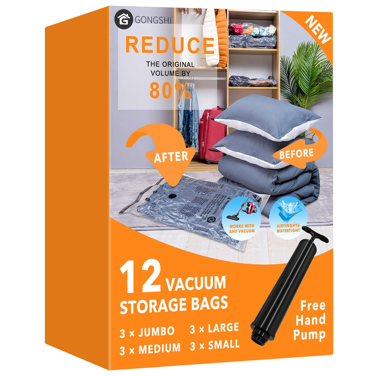 GONGSHI Vacuum Storage Bags (3 x Jumbo, 3 x Large, 3 x Medium, 3 x Small), Space Saver Sealer Compression Bags with Travel Hand Pump