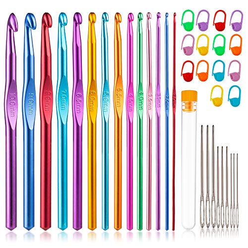 Vodiye 14 Sizes Crochet Hooks Set, 2.0-10.0mm, Metal Crochet Needles | Crochet Hooks for Beginners and Craft Lovers with Ergonomic Crochet Needles for Comfortable Crocheting and DIY Yarn Projects