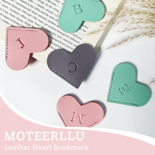 MOTEERLLU Personalized Leather Heart Bookmark with Initials | Handmade, Cute Custom Corner Book Marks for Reading Women, Teachers, Students, Book Lovers Gifts, Book Accessories(Pink, A)