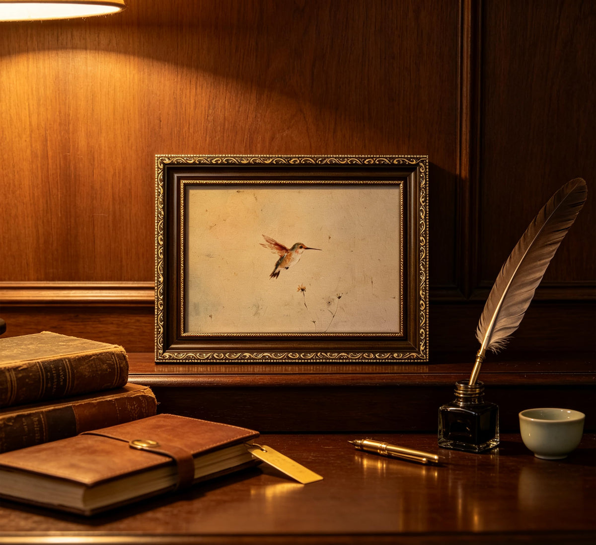 Vintage Gold Framed Hummingbird Minimalist Neutral Oil Painting Wall Art | Soft vintage oil painting of hovering hummingbird, neutral tone elegant wall decor for bedroom