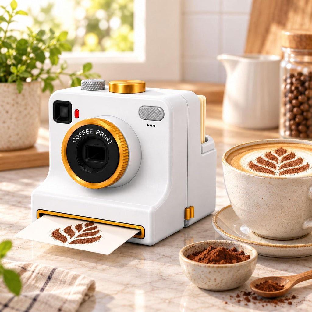 Manual Coffee Art Printer, Retro Camera-Style Latte Stencil Maker with 4/34 Random Pattern Cards, One-Press Powder Reusable Coffee Art Tool for Cappuccino, Foam Drinks，White：34 Random Stencils