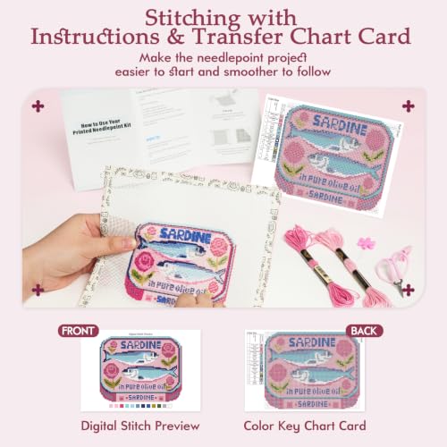 Kaitiaki 18 mesh Needlepoint Canvas Kit, 8 in Painted Canvas Set with Embroidery Floss, Needles, Guide Card, Instruction, Threader, Scissors & Project Bag for Crafter Gift(Sardine)