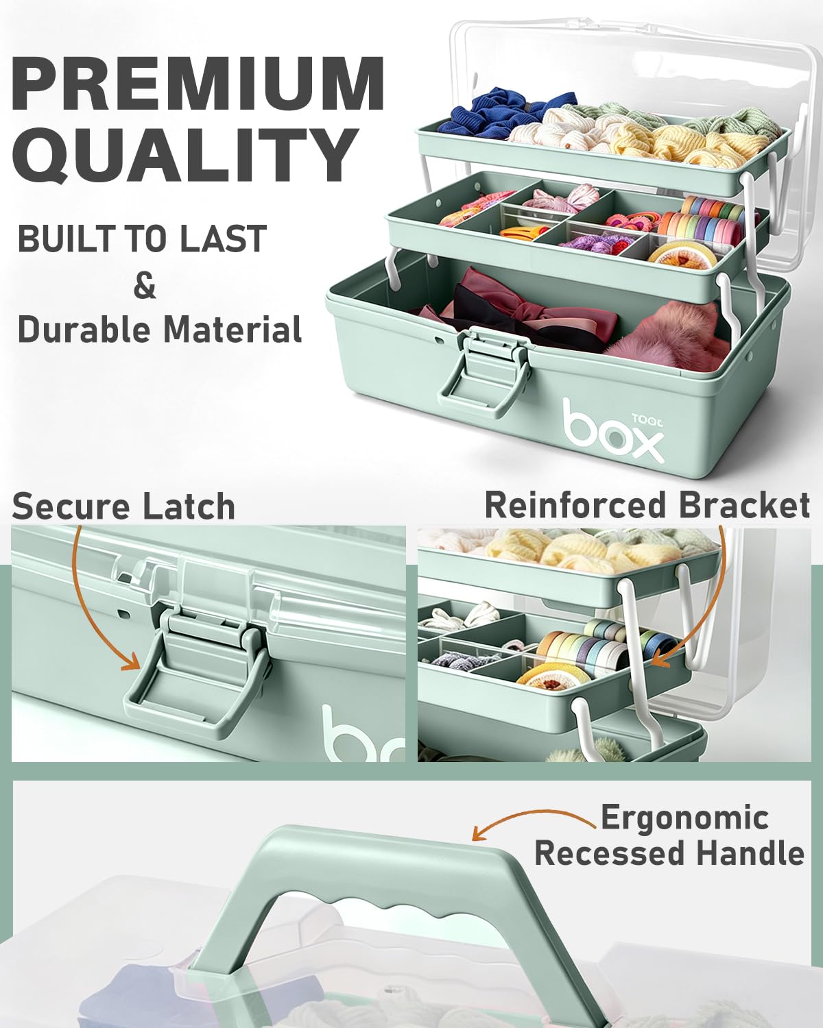 TERGOO 13in Lager Plastic Craft Organizer and Storage 3-Layer Tackle Box | Portable Tackle Box with Handle & Adjustable Dividers, Multipurpose Organizer Box for Sewing, Art Supply, Tool(Haze Green)