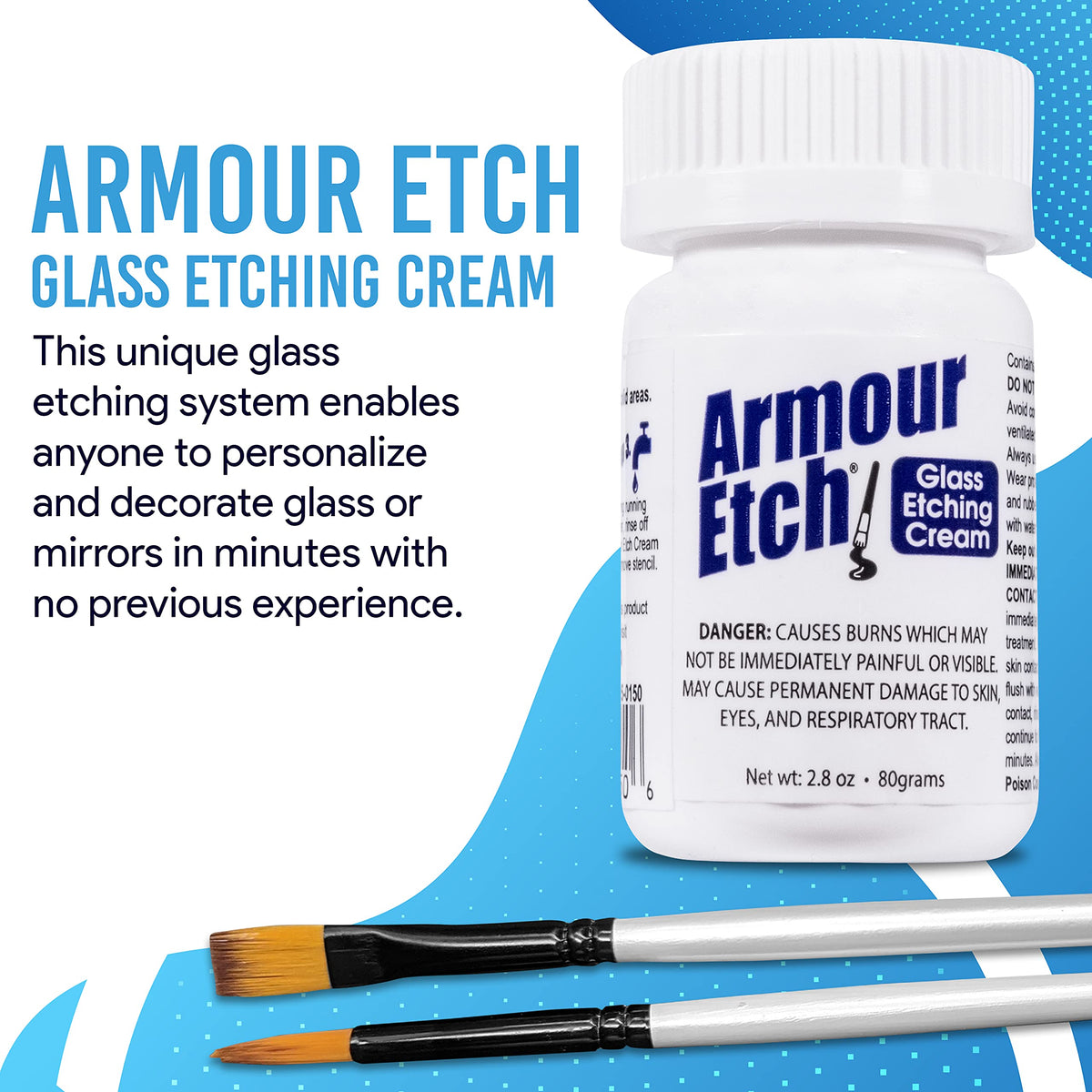 Armour Etch Glass Etching Cream 2.8oz Net Wt. Bundle with Moshify Brushes | Works with stencils to etch detailed designs on windows, mirrors and glassware for custom gifts and home décor projects