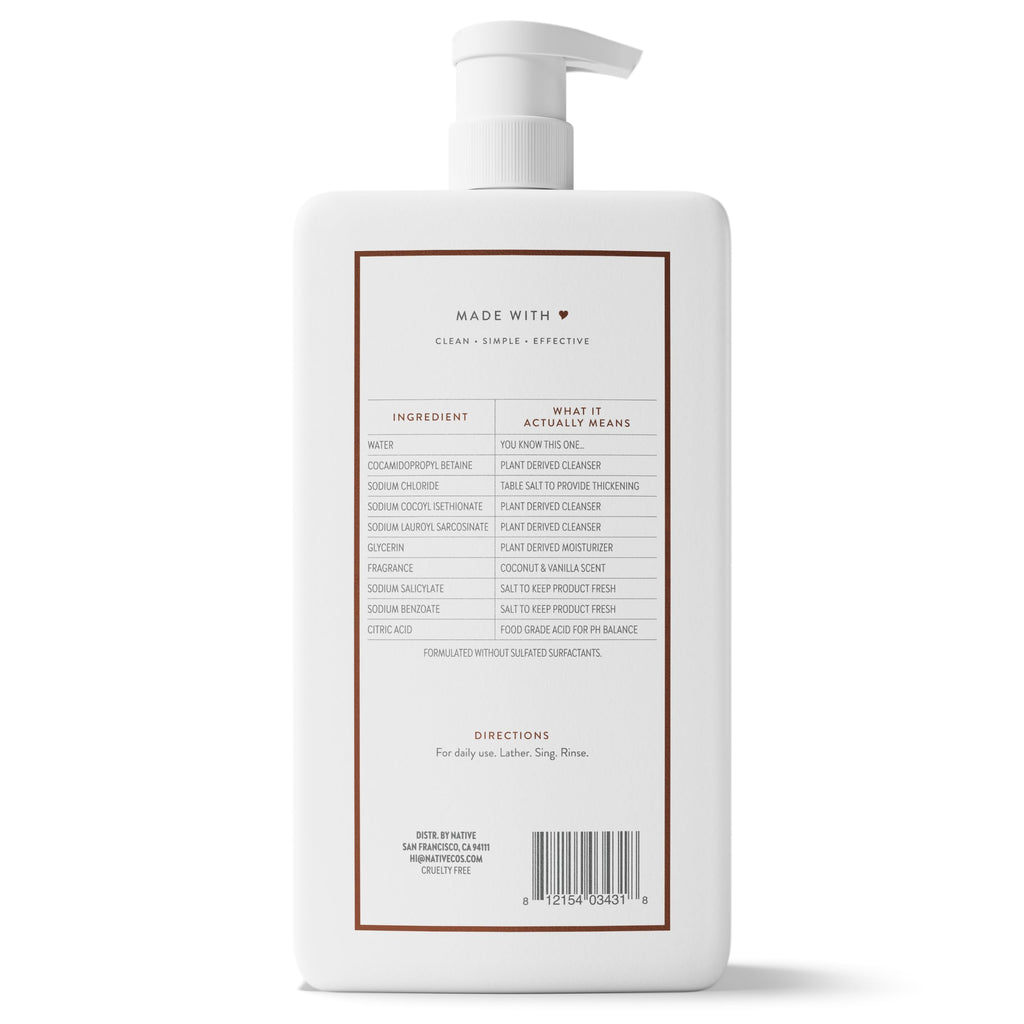 Native Clean Body Wash, Gentle & pH-balanced for Sensitive Skin, 24-Hr Freshness for Women & Men, Vegan & Cruelty-Free, Free of Sulfates, Parabens & Phthalates, Coconut & Vanilla, 36 oz