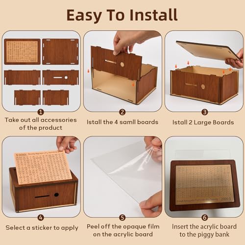 10000 Kakeibo Wooden Money Saving Challenge Box Cash Vault Piggy Bank for Adults Kids Savings Goals Smash Box Saver (10 Amounts)