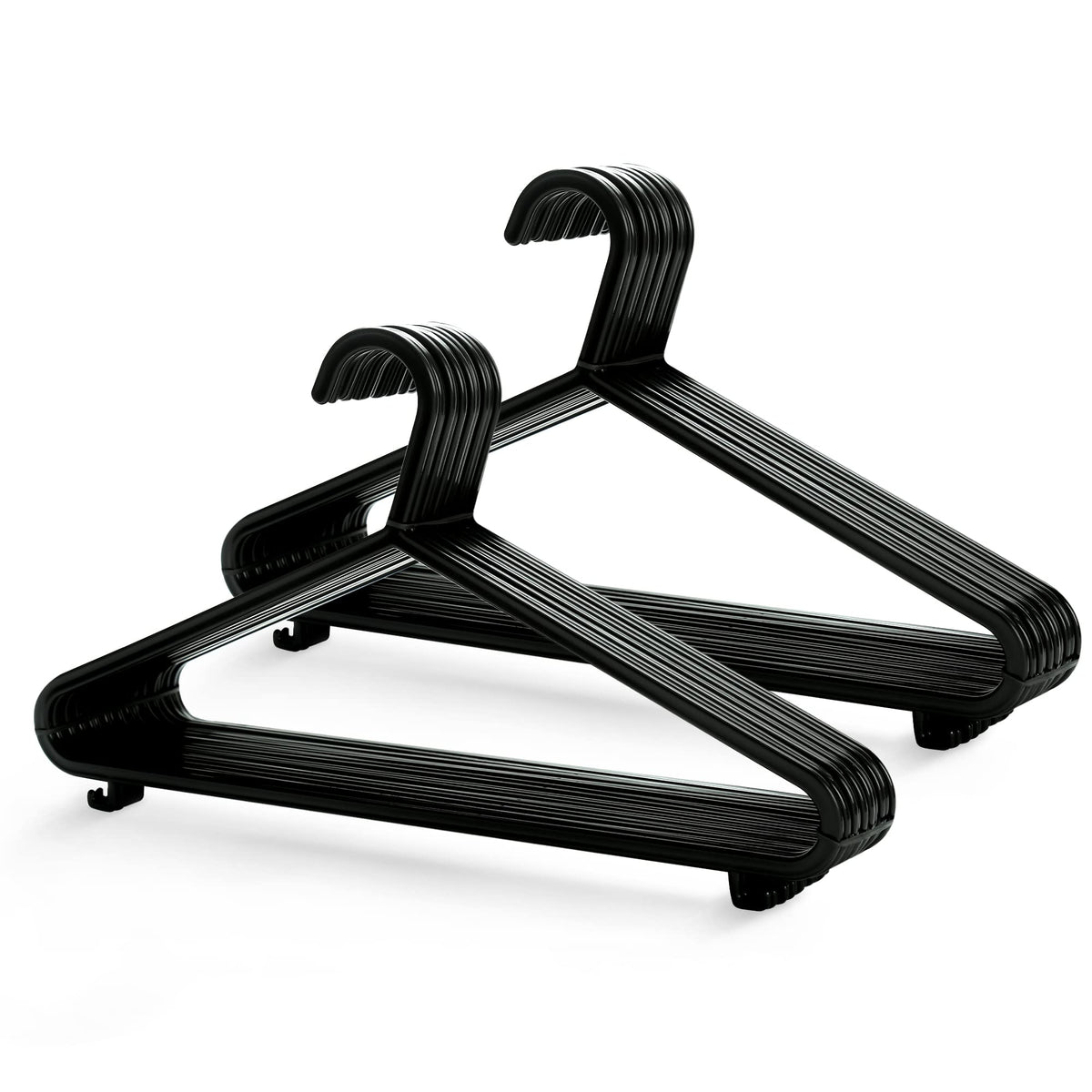 KEPLIN Adult Plastic Coat Hangers - 25 Pack, Strong Clothes Hangers for Clothes Rail & Closet, Clothing Hanger with Suit Pants Trouser Bar and Clips, Space Saving, 37.5 cm Wide (Black (Gloss)