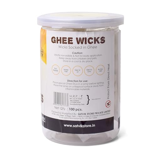 SATVIK Pack of 100 Pure Ghee Wicks for Puja | Ready-to-Use Diya Batti | 30-Min Burn Time | Wax-Free Cotton Wicks | Ideal for Pooja, Meditation, Diwali, and Housewarming Gifts