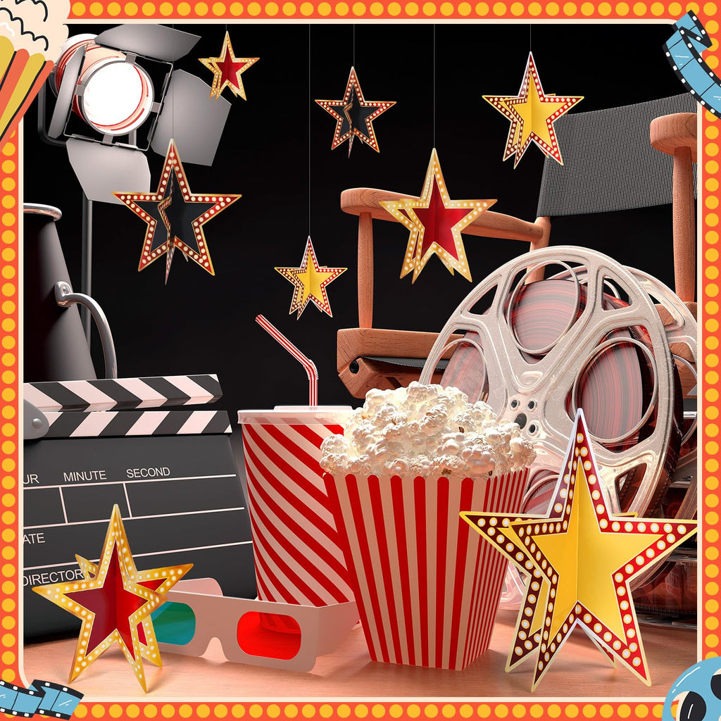 Sinload 45 Piece 3D Glitter Star Centerpieces Red Black Gold Party Decor | 300 Gsm Cardstock with 15 Pieces Per Size in 8" 5" 3" Formats for Standing Hanging Back to School Movie Night Awards Decor