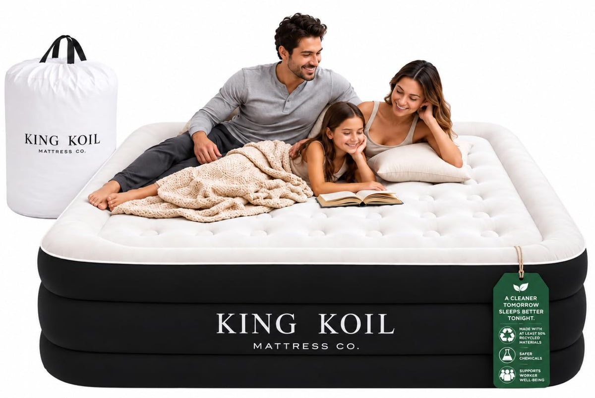 King Koil Air Mattress Queen with Built-in Pump, 20” Raised Airbed | Luxury blow up mattress for guests & home • Inflates in 2 minutes • 650 lb capacity • Patented high-speed pump