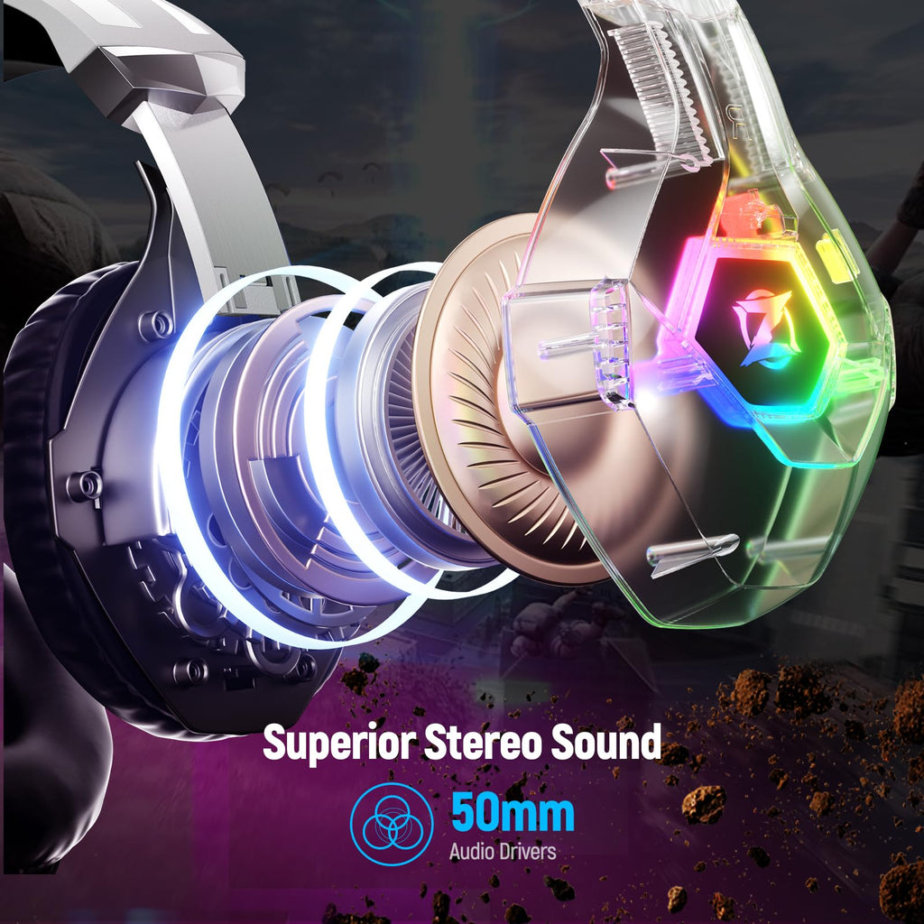 Ozeino Gaming Headset for PC, Ps4, Ps5, Xbox Headset with 7.1 Surround Sound Gaming Headphones with Noise Canceling Mic, LED Light Over Ear Headphones for Switch, Xbox Series X/S, Laptop, Mobile White