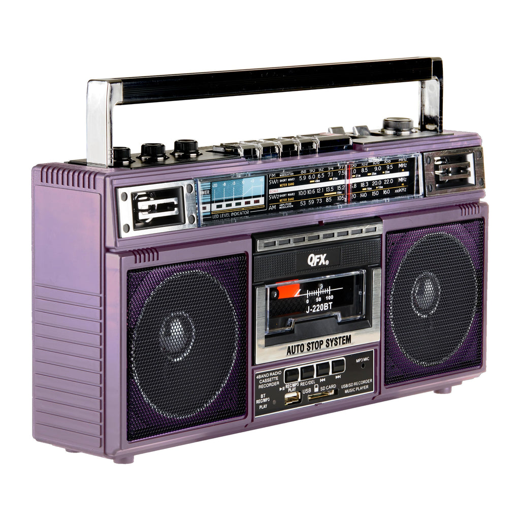 QFX Retro Bluetooth Boombox Cassette Tape Player Recorder, J-220BT, Purple | Portable, Dual 3" Speakers, AM/FM/SW1/SW2 Radio, Built-in Microphone, Recorder, 3-Band Equalizer - Limited Edition