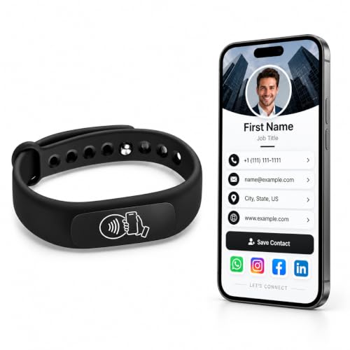 NFC Smart Business Card Wristband, Adjustable (Black) | QR Code, Waterproof Silicone, Tap to Share Contact Info, Works with iPhone and Android