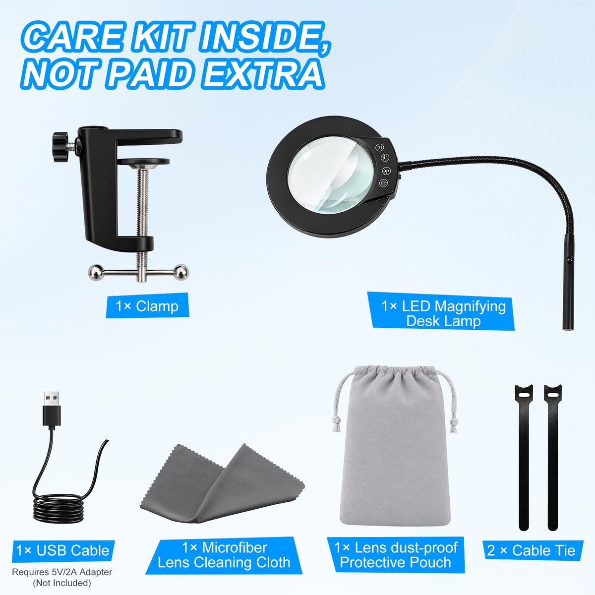 LED Desk Magnifying Lamp with Clamp,10X Magnifying Glass with Light | 5 Color Modes Stepless Dimmable Magnifier Light 3000K-6500K, 5V/2A USB Powered Hands Free Flexible Goose-Neck