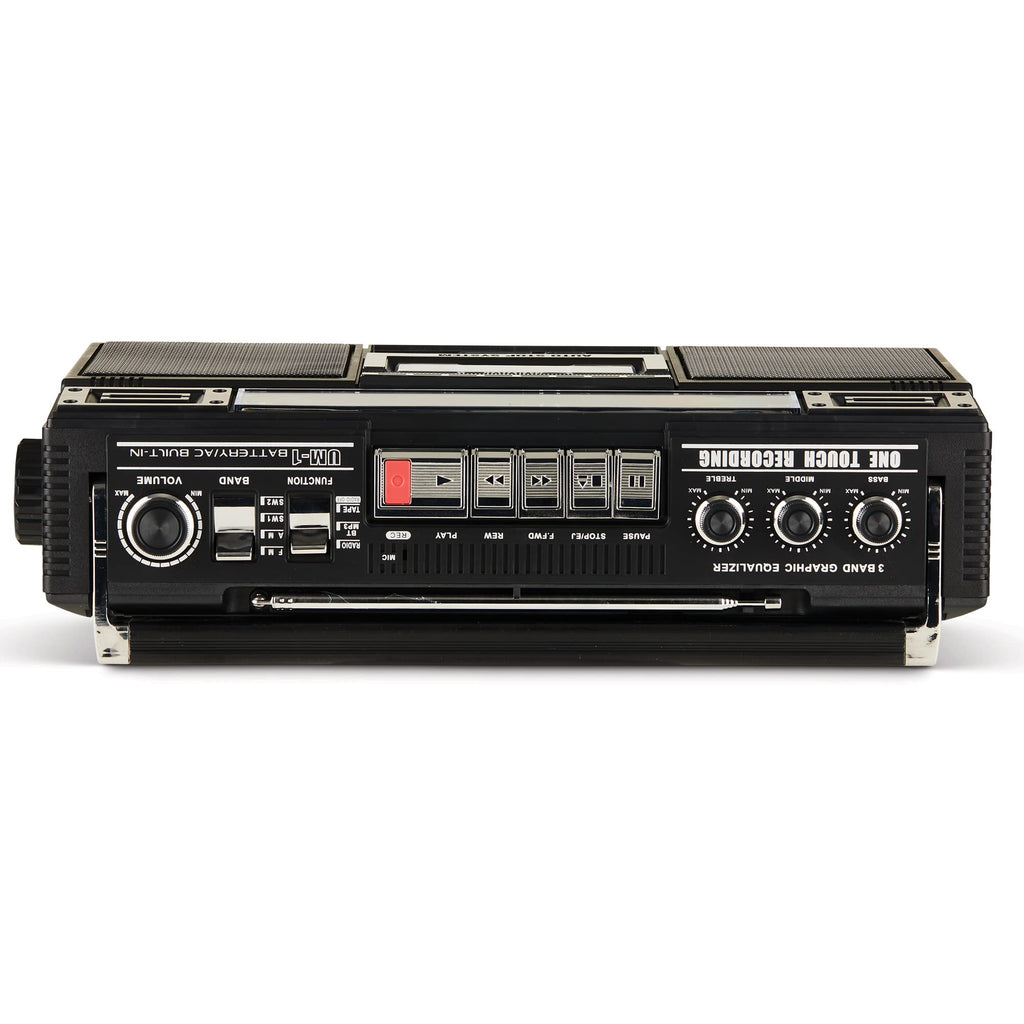 QFX Retro Bluetooth Boombox Cassette Tape Player Recorder, J-220BT, Black | Portable, Dual 3" Speakers, AM/FM/SW1/SW2 Radio, Rechargeable Battery, Built-In Mic, Recorder, 3-Band Equalizer