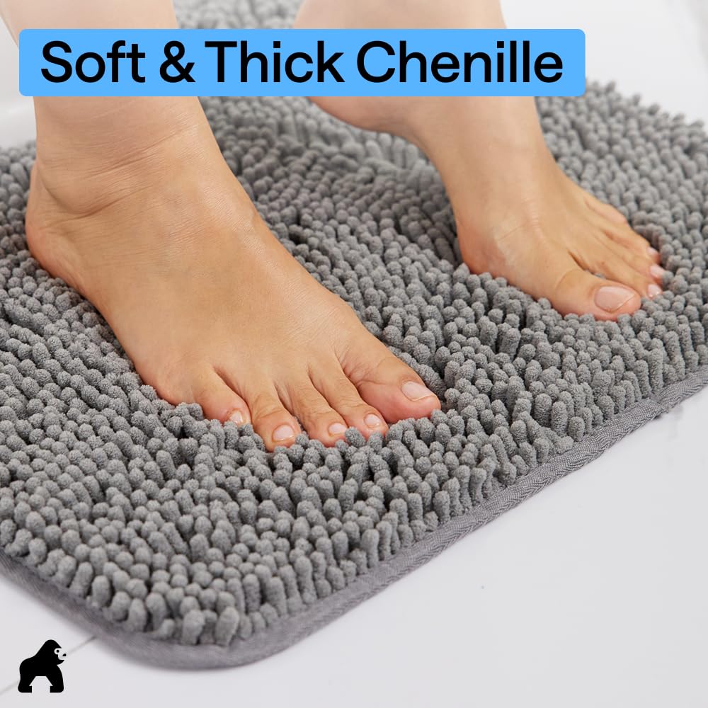 GORILLA GRIP Bath Rug Mat for Bathroom, Absorbent Chenille, 24x17 Gray | Soft Thick Quick Dry Microfiber Mats, Rubber Backing, Machine Washable Tub and Shower Floor Rugs, Home Decor Essentials