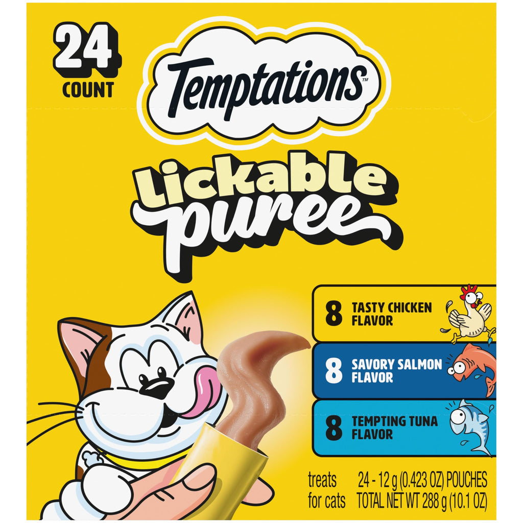 Temptations Creamy Puree Cat Treats, Chicken, Salmon & Tuna, 24 Count | Chicken, Salmon, Tuna flavors, under 15 cal/tube, no added sugar/fillers, squeezable treat or meal topper, great for seniors