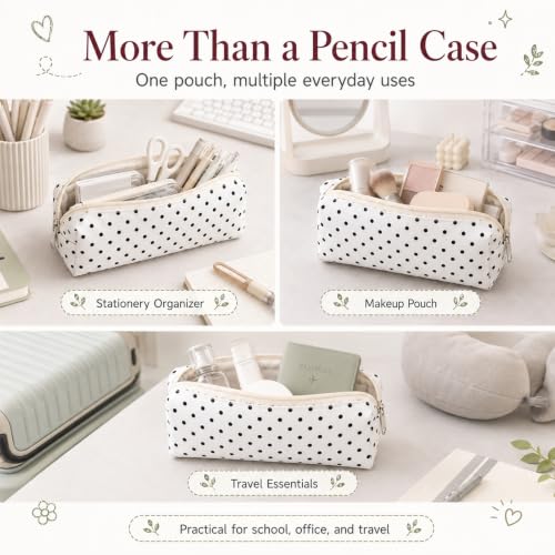 Polka Dot Canvas Pencil Case, Foldable Pouch for Stationery & Makeup, Black | Cute Polka Dot Canvas Pencil Pouch, Large Capacity Soft Aesthetic Pen Case Organizer for Supplies & Daily Use