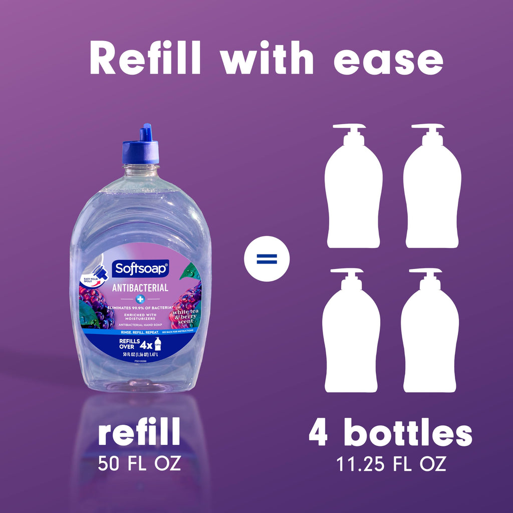 Softsoap Antibacterial Hand Soap Refill, White Tea & Berry Scent, 50 fl oz | Liquid, Paraben-Free, Phthalate-Free, Washes Away Germs, for Bathroom & Kitchen, Daily Handwashing, Gentle on Hands