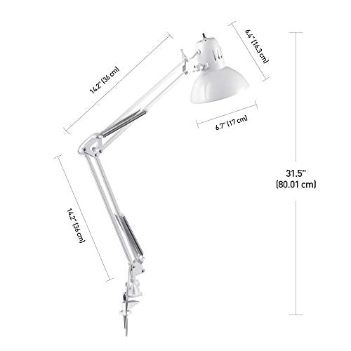 Globe Electric 52847 31.5 Inch Swing Arm Clamp-On White Desk Lamp with Nickel Accents, On/Off Rotary Switch, Book Reading Light, Home Essentials, Office Décor, LED Bulb Compatible