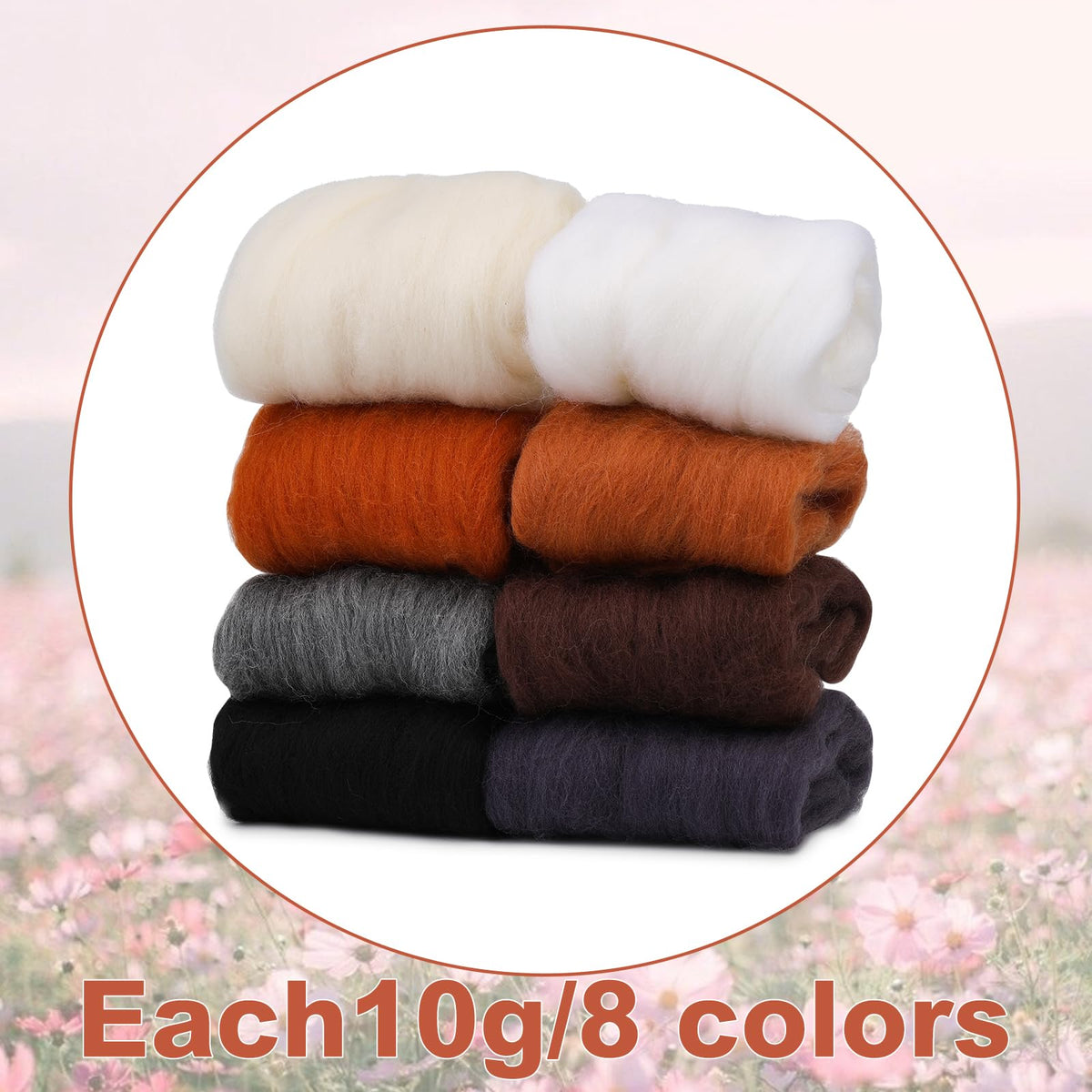 Wonvoc Needle Felting Wool 2.82 OZ, 8 Colors Wool Roving, Winter Dunes | 10g per Color, Felting Wool Bulk, Wool Roving for Needle Felting, for DIY Craft Materials, White, Black, Brown