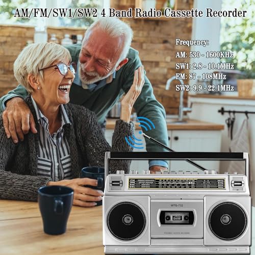 Retro Classic 80s Style Portable Boombox with Cassette Player Recorder, AM/FM/SW1/SW2 Radio, Bluetooth, USB/Micro SD Slots, Headphone Jack, 24W Dual Full-Range High Bass Speakers
